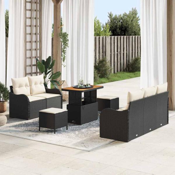 ARDEBO.de - 8-teiliges Garten Sofa Set mit Kissen Schwarz Poly Rattan Akazie, 2-Sitzer Garten Sofa mit Kissen Schwarz Poly Rattan, 3-teiliges Garten Essensemble mit Kissen Schwarz Poly Rattan Akazie