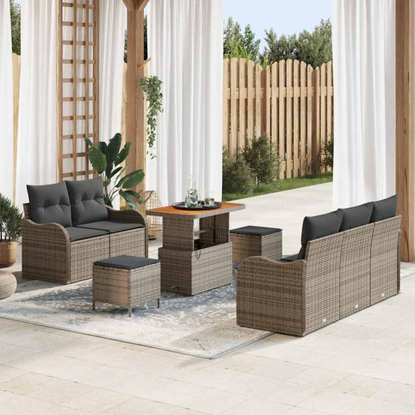 ARDEBO.de - 8-teilige Garten-Sofa-Garnitur mit Kissen Grau Poly Rattan Akazie, 2-Sitzer Garten-Sofa mit Kissen Grau Poly Rattan, 3-teilige Garten-Essgruppe mit Kissen Grau Poly Rattan Akazie