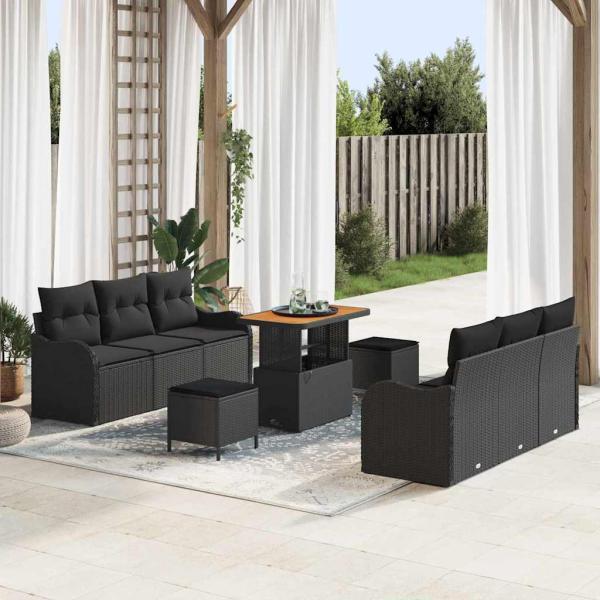 ARDEBO.de - 9-teiliges Garten Sofa Set mit Kissen Schwarz Poly-Rattan Akazie, 2-Sitzer Garten Sofa mit Kissen Schwarz Poly-Rattan, 3-teiliges Garten Esstisch Set mit Kissen Schwarz Poly-Rattan Akazie