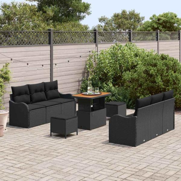 9-teiliges Garten Sofa Set mit Kissen Schwarz Poly-Rattan Akazie, 2-Sitzer Garten Sofa mit Kissen Schwarz Poly-Rattan, 3-teiliges Garten Esstisch Set mit Kissen Schwarz Poly-Rattan Akazie