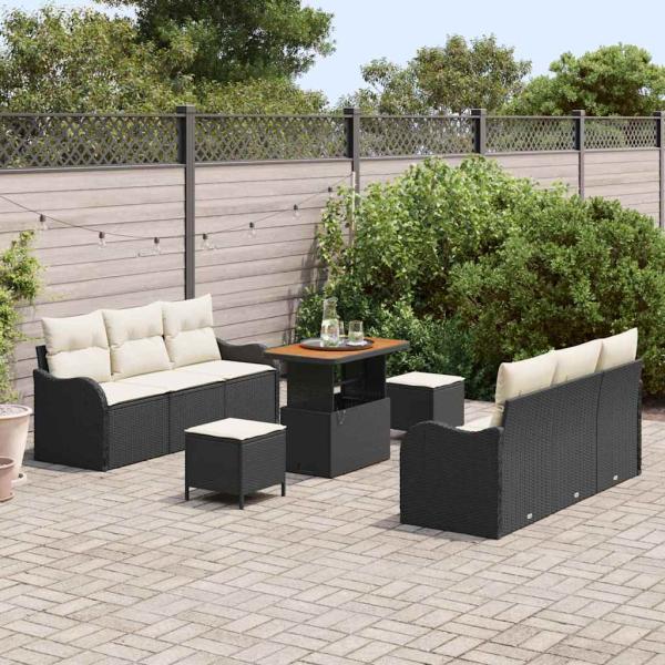 9-teiliges Garten Sofa Set mit Kissen Schwarz Poly Rattan Akazie, 2-Sitzer Garten Sofa mit Kissen Schwarz Poly Rattan, 3-teiliges Garten Essset mit Kissen Schwarz Poly Rattan Akazie
