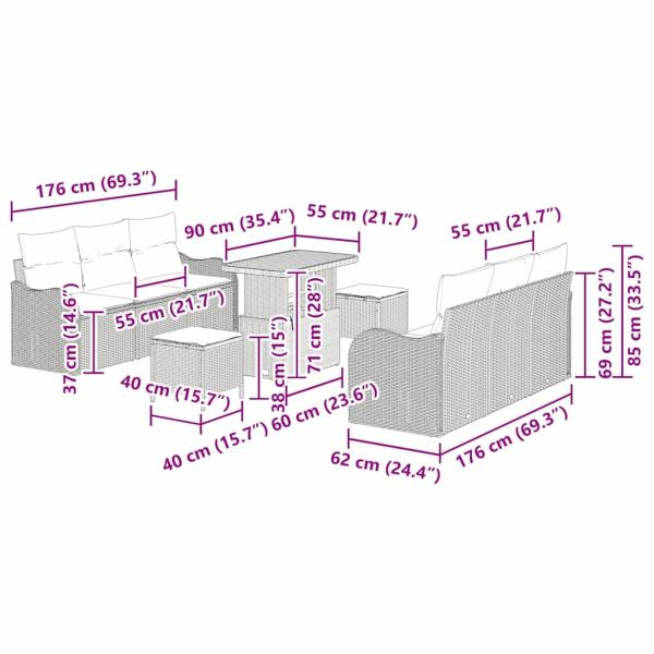 9-teiliges Garten Sofa Set mit Kissen Beige Poly-Rattan Akazie, 2-Sitzer Garten Sofa mit Kissen Beige Poly-Rattan, 3-teiliges Garten Esstisch Set mit Kissen Beige Poly-Rattan Akazie
