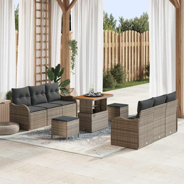 ARDEBO.de - 9-teilige Garten Sofa Set mit Kissen Grau Poly Rattan Akazie, 2-Sitzer Garten Sofa mit Kissen Grau Poly Rattan, 3-teiliges Garten Esstisch Set mit Kissen Grau Poly Rattan Akazie