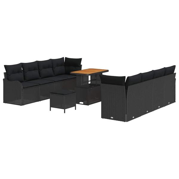 11-teiliges Garten Sofa Set mit Kissen Schwarz Poly Rattan Akazie, 2-Sitzer Garten Sofa mit Kissen Schwarz Poly Rattan, 3-teiliges Garten Esszimmer Set mit Kissen Schwarz Poly Rattan Akazie
