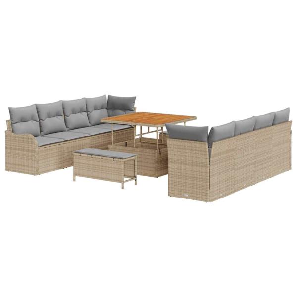11-teiliges Garten-Sofa-Set mit Kissen Beige Poly-Rattan Akazie, 2-Sitzer Garten-Sofa mit Kissen Beige Poly-Rattan, 3-teiliges Garten-Dining-Set mit Kissen Beige Poly-Rattan Akazie