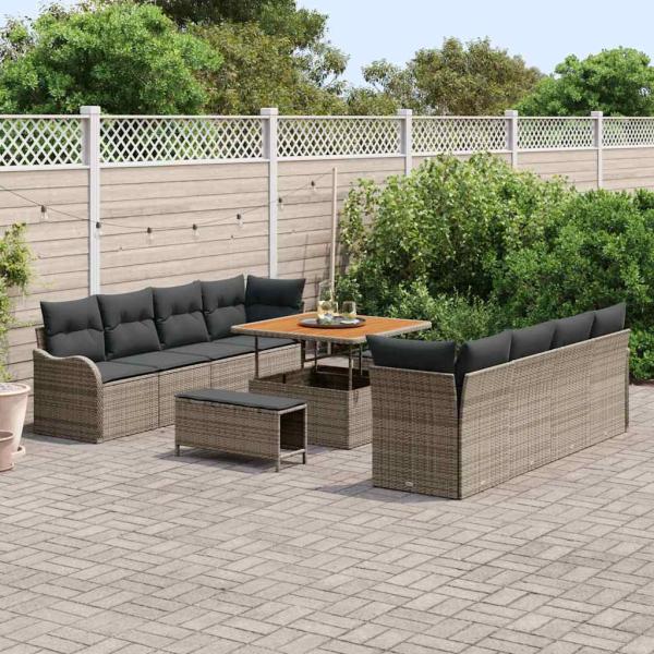 11-teiliges Garten Sofa Set mit Kissen Grau Poly Rattan Akazie, 2-Sitzer Garten Sofa mit Kissen Grau Poly Rattan, 3-teiliges Garten Essset mit Kissen Grau Poly Rattan Akazie