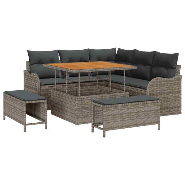 ARDEBO.de - 8-teiliges Garten Sofa Set mit Kissen Grau Poly Rattan Akazie, 2-Sitzer Garten Sofa mit Kissen Grau Poly Rattan, 3-teilige Garten Essgruppe mit Kissen Grau Poly Rattan Akazie
