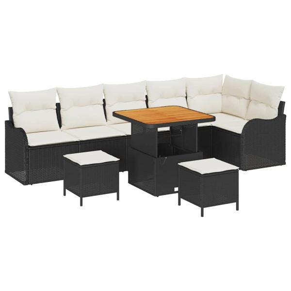 9-teiliges Gartensofa-Set mit Kissen Schwarz Poly Rattan Akazie, 2-Sitzer Gartensofa mit Kissen Schwarz Poly Rattan, 3-teiliges Garten-Ess-Set mit Kissen Schwarz Poly Rattan Akazie