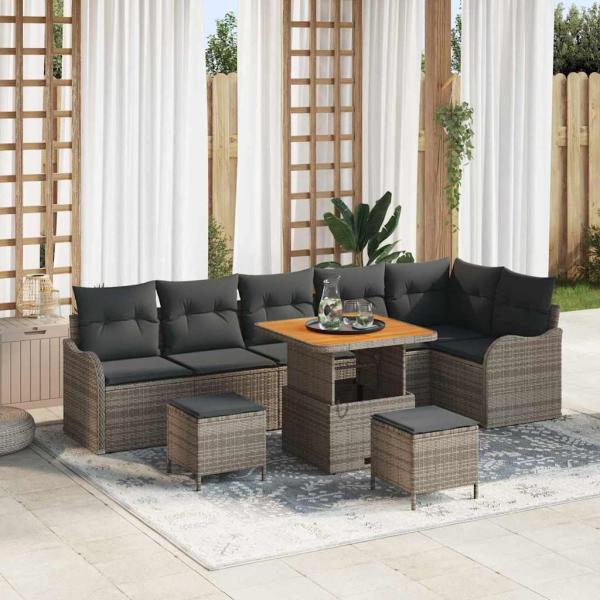 ARDEBO.de - 9-teiliges Garten-Sofa-Set mit Kissen in Grau Poly Rattan Akazie, 2-Sitzer Garten-Sofa mit Kissen in Grau Poly Rattan, 3-teiliges Garten-Dining-Set mit Kissen in Grau Poly Rattan Akazie