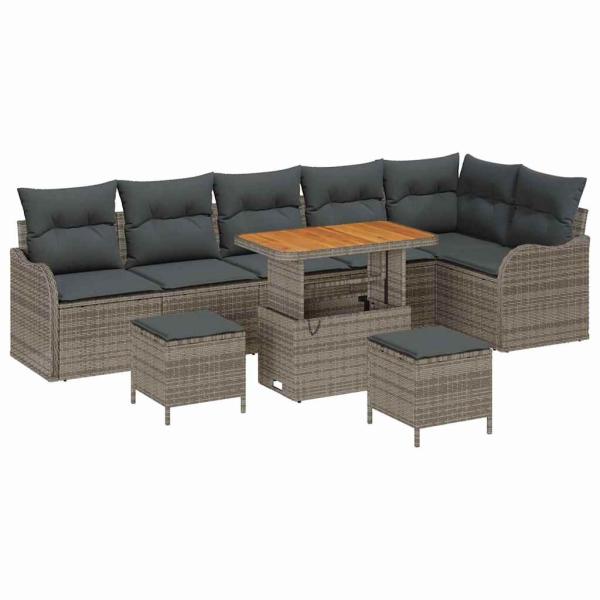 9-teiliges Garten Sofa Set mit Kissen Grau Poly Rattan Akazie, 2-Sitzer Garten Sofa mit Kissen Grau Poly Rattan, 3-teiliges Garten Esstisch Set mit Kissen Grau Poly Rattan Akazie