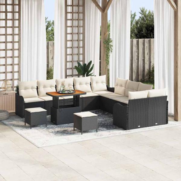 ARDEBO.de - 13-teilige Garten Sofagarnitur mit Kissen Schwarz Poly Rattan Akazie, 2-Sitzer Garten Sofa mit Kissen Schwarz Poly Rattan, 3-teilige Garten Essgruppe mit Kissen Schwarz Poly Rattan Akazie