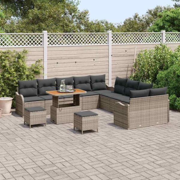 13-teilige Garten-Sofa-Set mit Kissen Grau Poly Rattan Akazie, 2-Sitzer Garten-Sofa mit Kissen Grau Poly Rattan, 3-teiliges Garten-Ess-Set mit Kissen Grau Poly Rattan Akazie