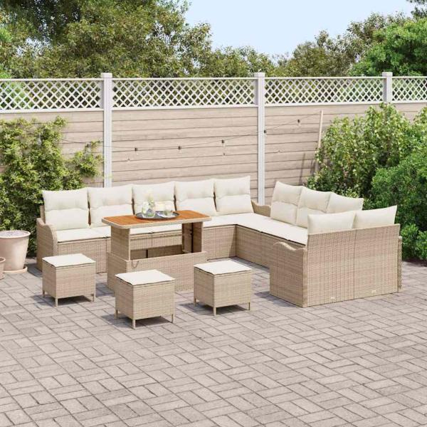 14-teiliges Garten Sofa Set mit Kissen Beige Poly Rattan Akazie, 2-Sitzer Garten Sofa mit Kissen Beige Poly Rattan, 4-teiliges Garten Ess-Set mit Kissen Beige Poly Rattan Akazie