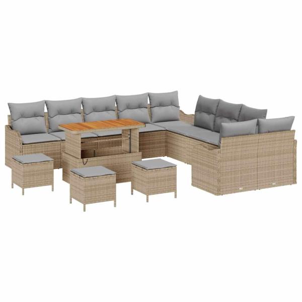 14-teiliges Garten Sofa Set mit Kissen in beigem Poly Rattan, 2-Sitzer Garten Sofa mit Kissen in beigem Poly Rattan, 4-teiliges Garten Essset mit Kissen in beigem Poly Rattan