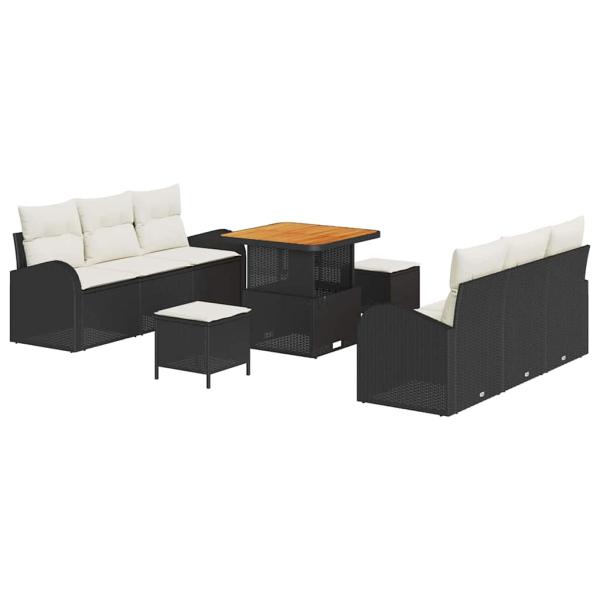 9-teiliges Garten-Sofa-Set mit Kissen Schwarz Poly-Rattan Akazie, 2-Sitzer Garten-Sofa mit Kissen Schwarz Poly-Rattan, 3-teiliges Garten-Dining-Set mit Kissen Schwarz Poly-Rattan Akazie