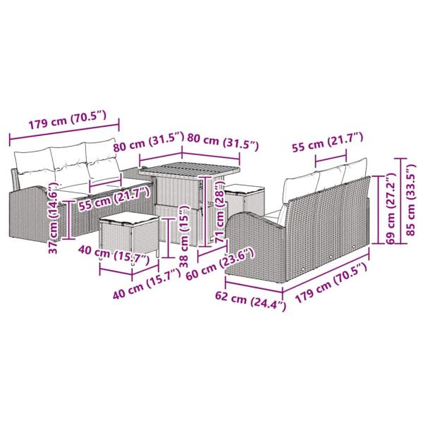 9-teiliges Garten-Sofa-Set mit Kissen Schwarz Poly-Rattan Akazie, 2-Sitzer Garten-Sofa mit Kissen Schwarz Poly-Rattan, 3-teiliges Garten-Dining-Set mit Kissen Schwarz Poly-Rattan Akazie