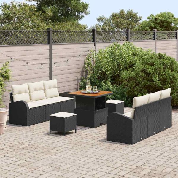 9-teiliges Garten-Sofa-Set mit Kissen Schwarz Poly-Rattan Akazie, 2-Sitzer Garten-Sofa mit Kissen Schwarz Poly-Rattan, 3-teiliges Garten-Dining-Set mit Kissen Schwarz Poly-Rattan Akazie