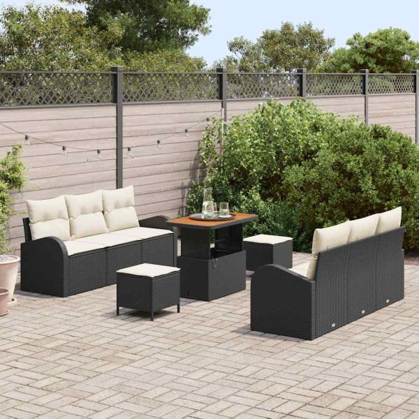 9-teiliges Garten-Sofa-Set mit Kissen Schwarz Poly-Rattan Akazie, 2-Sitzer Garten-Sofa mit Kissen Schwarz Poly-Rattan, 3-teiliges Garten-Ess-Set mit Kissen Schwarz Poly-Rattan Akazie