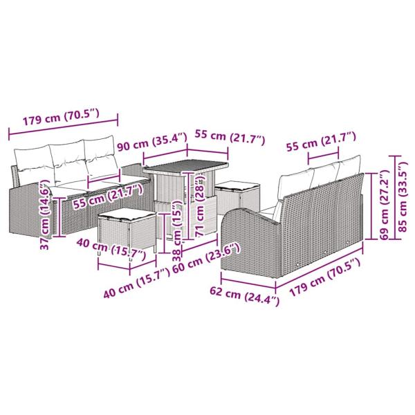 9-teiliges Garten-Sofa-Set mit Kissen Schwarz Poly-Rattan Akazie, 2-Sitzer Garten-Sofa mit Kissen Schwarz Poly-Rattan, 3-teiliges Garten-Ess-Set mit Kissen Schwarz Poly-Rattan Akazie