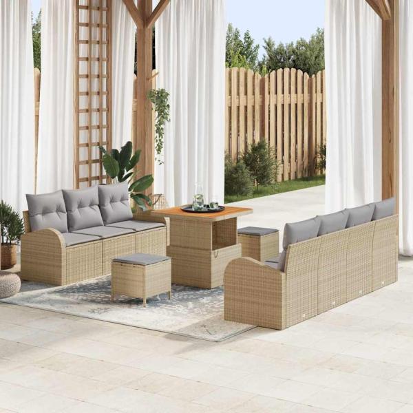 ARDEBO.de - 10-teiliges Garten Sofa Set mit Kissen Beige Poly Rattan Akazie, 2-Sitzer Garten Sofa mit Kissen Beige Poly Rattan, 3-teiliges Garten Ess Set mit Kissen Beige Poly Rattan Akazie