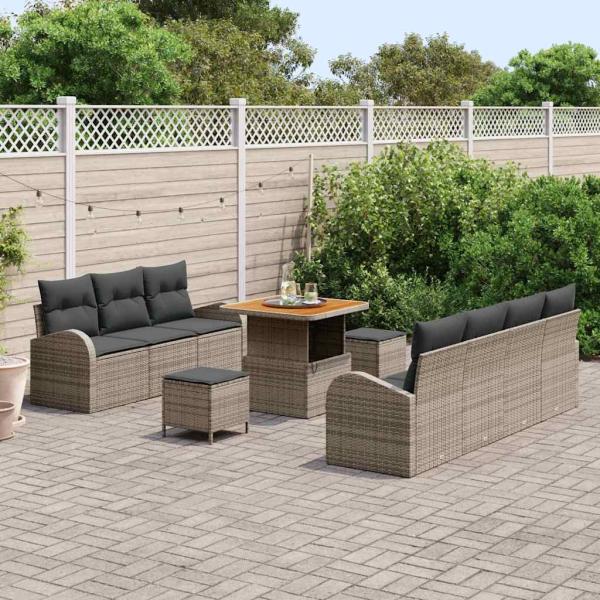 10-teiliges Garten Sofa Set mit Kissen Grau Poly Rattan Akazie, 2-Sitzer Garten Sofa mit Kissen Grau Poly Rattan, 3-teiliges Garten Essset mit Kissen Grau Poly Rattan Akazie