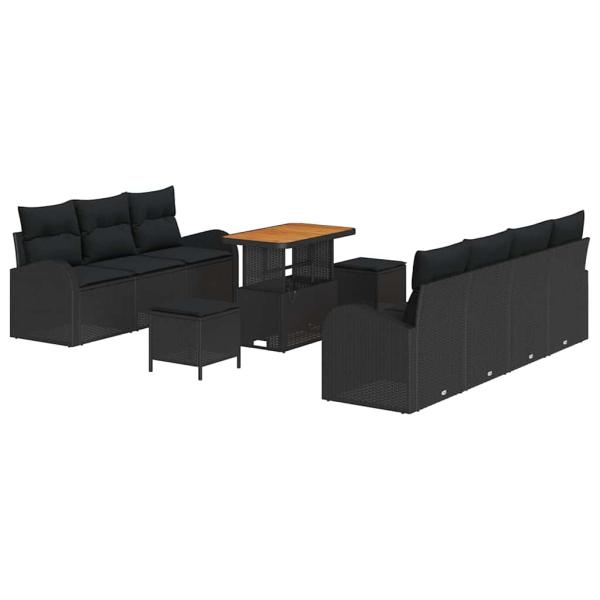 10-teiliges Garten-Sofa-Set mit Kissen Schwarz Poly-Rattan Akazie, 2-Sitzer Garten-Sofa mit Kissen Schwarz Poly-Rattan, 3-teiliges Garten-Dining-Set mit Kissen Schwarz Poly-Rattan Akazie
