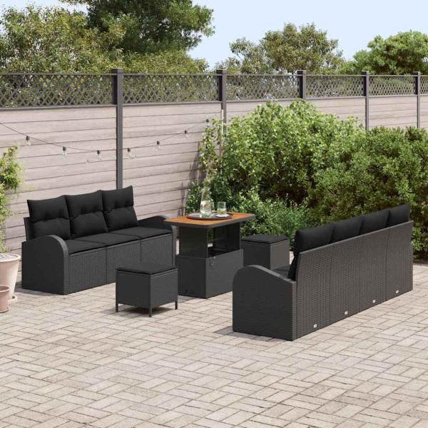 10-teiliges Garten-Sofa-Set mit Kissen Schwarz Poly-Rattan Akazie, 2-Sitzer Garten-Sofa mit Kissen Schwarz Poly-Rattan, 3-teiliges Garten-Dining-Set mit Kissen Schwarz Poly-Rattan Akazie