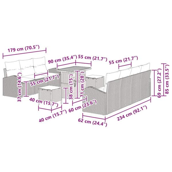 10-teiliges Garten Sofa Set mit Kissen Beige Poly Rattan Akazie, 2-Sitzer Garten Sofa mit Kissen Beige Poly Rattan, 3-teiliges Garten Esszimmer Set mit Kissen Beige Poly Rattan Akazie