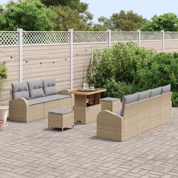 ARDEBO.de - 10-teiliges Garten-Sofa-Set mit Kissen Beige Poly-Rattan Akazie, 2-Sitzer Garten-Sofa mit Kissen Beige Poly-Rattan, 3-teiliges Garten-Dining-Set mit Kissen Beige Poly-Rattan Akazie
