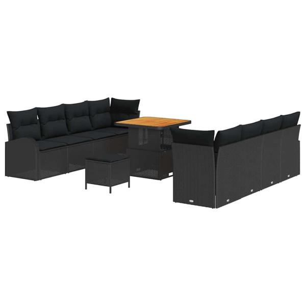 11-teiliges Garten-Sofa-Set mit Kissen Schwarz Poly-Rattan Akazie, 2-Sitzer Garten-Sofa mit Kissen Schwarz Poly-Rattan, 3-teiliges Garten-Dining-Set mit Kissen Schwarz Poly-Rattan Akazie