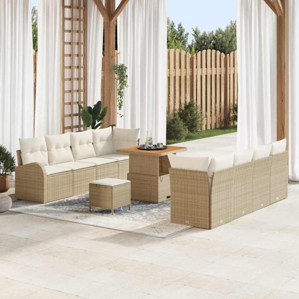 ARDEBO.de - 11-teiliges Garten Sofa Set mit Kissen Beige Poly Rattan Akazie, 2-Sitzer Garten Sofa mit Kissen Beige Poly Rattan, 3-teiliges Garten Esszimmer Set mit Kissen Beige Poly Rattan Akazie