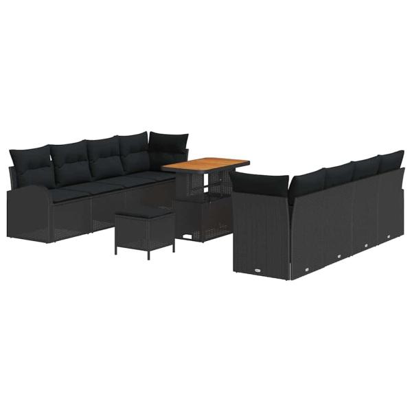 11-teiliges Garten Sofa Set mit Kissen aus schwarzem Poly Rattan, 2-Sitzer Garten Sofa mit Kissen aus schwarzem Poly Rattan, 3-teiliges Garten Essset mit Kissen aus schwarzem Poly Rattan
