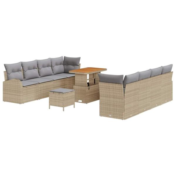 11-teiliges Garten Sofa Set mit Kissen Beige Poly Rattan Akazie, 2-Sitzer Garten Sofa mit Kissen Beige Poly Rattan, 3-teiliges Garten Essset mit Kissen Beige Poly Rattan Akazie