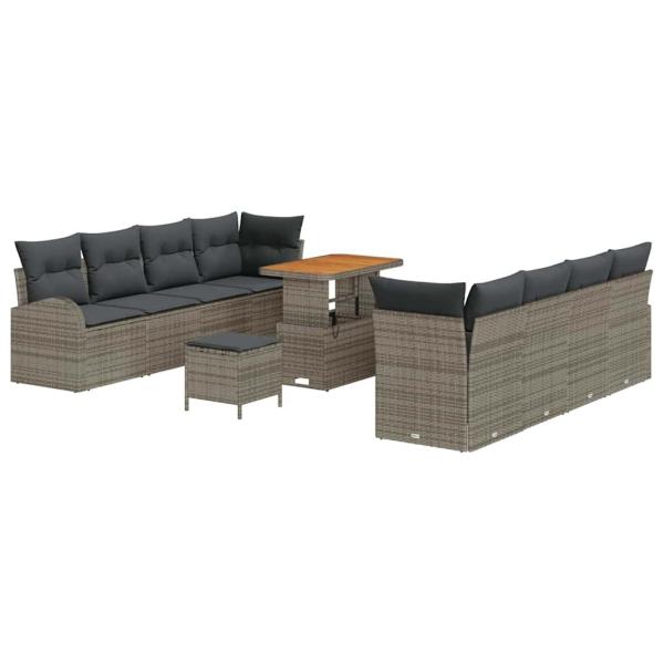 11-teiliges Garten Sofa Set mit Kissen Grau Poly Rattan Akazie, 2-Sitzer Garten Sofa mit Kissen Grau Poly Rattan, 3-teiliges Garten Esszimmerset mit Kissen Grau Poly Rattan Akazie