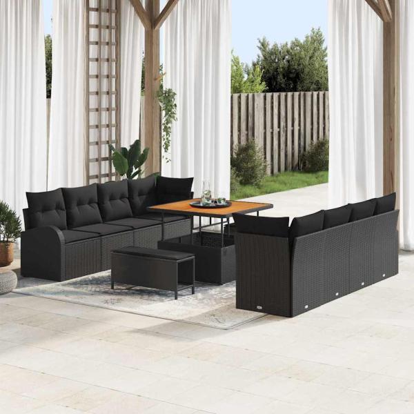 ARDEBO.de - 11-teiliges Garten Sofa Set mit Kissen Schwarz Poly Rattan Akazie, 2-Sitzer Garten Sofa mit Kissen Schwarz Poly Rattan, 3-teiliges Garten Esszimmer Set mit Kissen Schwarz Poly Rattan Akazie