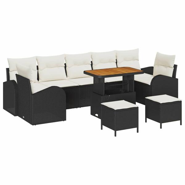 10-teiliges Garten Sofa Set mit Kissen Schwarz Poly Rattan Akazie, 2-Sitzer Garten Sofa mit Kissen Schwarz Poly Rattan, 3-teiliges Garten Essset mit Kissen Schwarz Poly Rattan Akazie