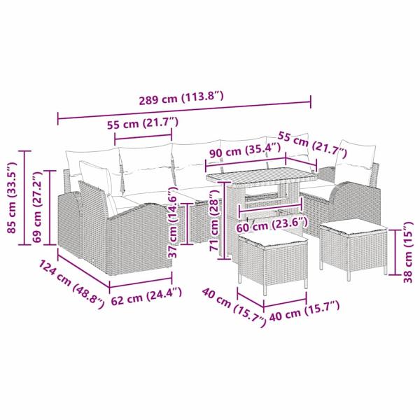 10-teiliges Garten-Sofaset mit Kissen in Beige, Poly Rattan Akazie, 2-Sitzer Garten-Sofa mit Kissen in Beige, Poly Rattan, 3-teiliges Garten-Dining-Set mit Kissen in Beige, Poly Rattan Akazie