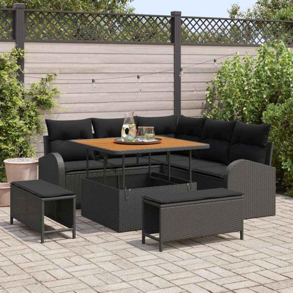 ARDEBO.de - 8-teiliges Garten Sofa Set mit Kissen Schwarz Poly-Rattan Akazie, 2-Sitzer Garten Sofa mit Kissen Schwarz Poly-Rattan, 3-teiliges Garten Esstisch Set mit Kissen Schwarz Poly-Rattan Akazie