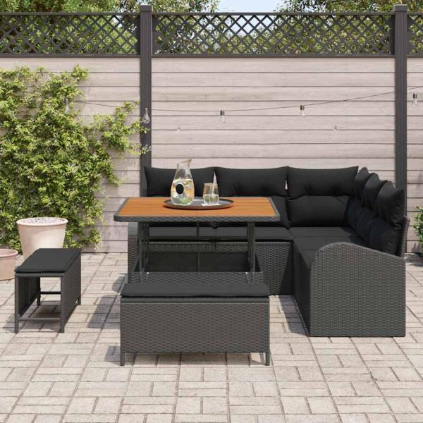 8-teiliges Garten Sofa Set mit Kissen Schwarz Poly-Rattan Akazie, 2-Sitzer Garten Sofa mit Kissen Schwarz Poly-Rattan, 3-teiliges Garten Esstisch Set mit Kissen Schwarz Poly-Rattan Akazie