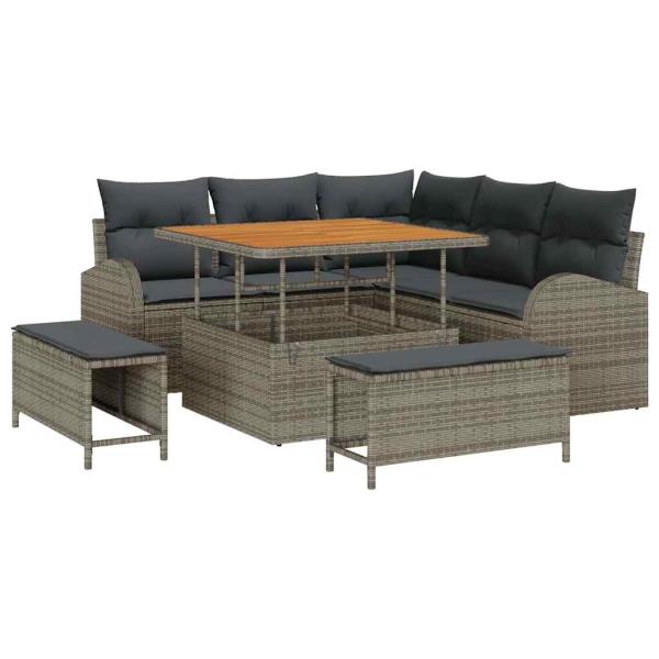 8-teiliges Garten Sofa Set mit Kissen in Grau Poly Rattan Akazie, 2-Sitzer Garten Sofa mit Kissen in Grau Poly Rattan, 3-teiliges Garten Esstisch Set mit Kissen in Grau Poly Rattan Akazie