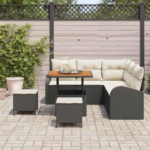 8-teiliges Garten-Sofa-Set mit Kissen Schwarz Poly-Rattan Akazie, 2-Sitzer Garten-Sofa mit Kissen Schwarz Poly-Rattan, 3-teiliges Garten-Ess-Set mit Kissen Schwarz Poly-Rattan Akazie