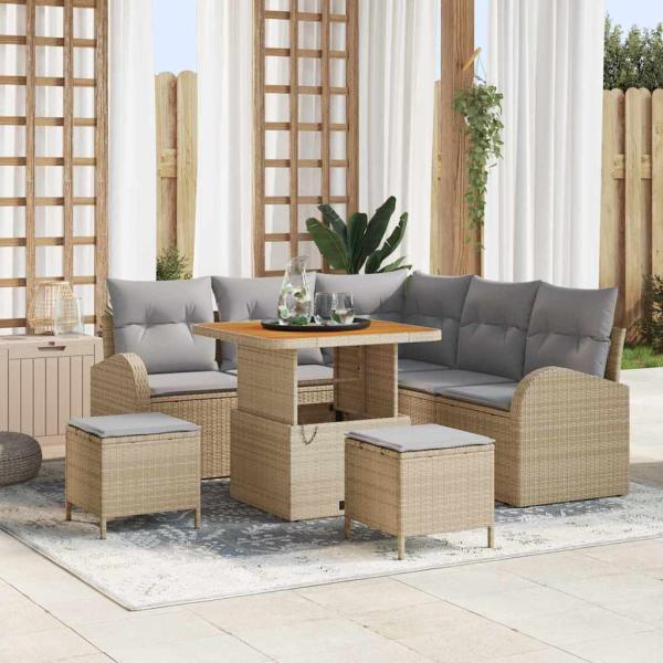ARDEBO.de - 8-teiliges Garten Sofa Set mit Kissen in Beige aus Poly Rattan und Akazie, 2-Sitzer Garten Sofa mit Kissen in Beige aus Poly Rattan, 3-teiliges Garten Esstisch Set mit Kissen in Beige aus Poly Rattan und Akazie