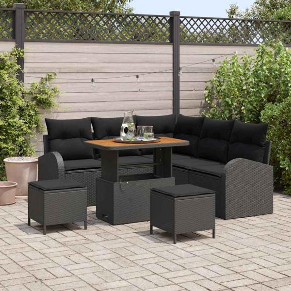 ARDEBO.de - 8-teiliges Garten Sofa Set mit Kissen Schwarz Poly Rattan Akazie, 2-Sitzer Garten Sofa mit Kissen Schwarz Poly Rattan, 3-teiliges Garten Essset mit Kissen Schwarz Poly Rattan Akazie