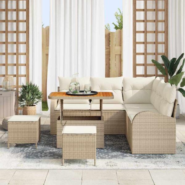 8-teiliges Garten Sofa Set mit Kissen Beige Poly Rattan Akazie, 2-Sitzer Garten Sofa mit Kissen Beige Poly Rattan, 3-teiliges Garten Essenset mit Kissen Beige Poly Rattan Akazie