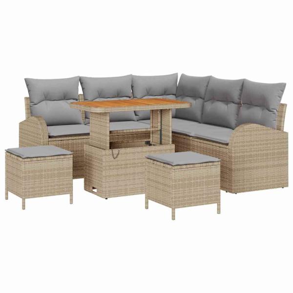 ARDEBO.de - 8-teiliges Garten-Sofa Set mit Kissen Beige Poly Rattan Akazie, 2-Sitzer Garten Sofa mit Kissen Beige Poly Rattan, 3-teiliges Garten-Ess-Set mit Kissen Beige Poly Rattan Akazie
