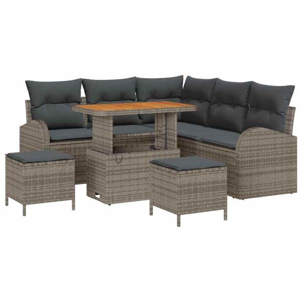 8-teiliges Garten Sofa Set mit Kissen Grau Poly Rattan Akazie, 2-Sitzer Garten Sofa mit Kissen Grau Poly Rattan, 3-teiliges Garten Essset mit Kissen Grau Poly Rattan Akazie