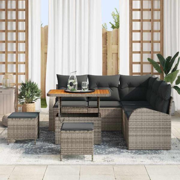 8-teiliges Garten Sofa Set mit Kissen Grau Poly Rattan Akazie, 2-Sitzer Garten Sofa mit Kissen Grau Poly Rattan, 3-teiliges Garten Essset mit Kissen Grau Poly Rattan Akazie