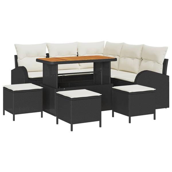 9-teiliges Garten Sofa Set mit Kissen Schwarz Poly Rattan Akazie, 2-Sitzer Garten Sofa mit Kissen Schwarz Poly Rattan, 4-teiliges Garten Essset mit Kissen Schwarz Poly Rattan Akazie