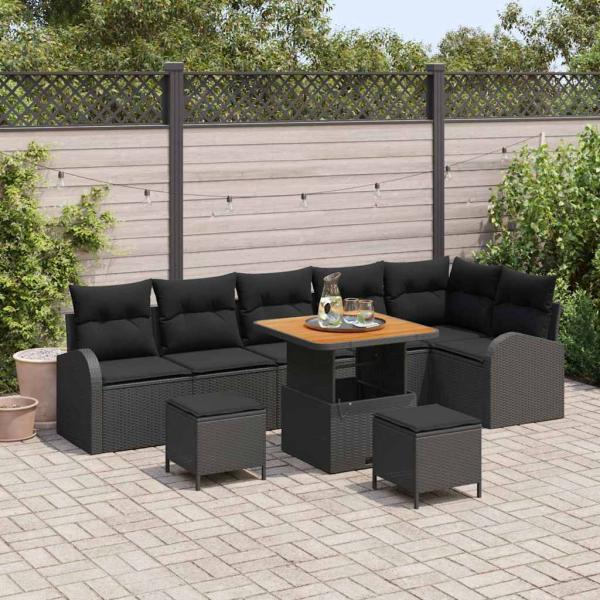 ARDEBO.de - 9-teiliges Garten Sofa Set mit Kissen Schwarz Poly Rattan Akazie, 2-Sitzer Garten Sofa mit Kissen Schwarz Poly Rattan, 3-teiliges Garten Essenset mit Kissen Schwarz Poly Rattan Akazie