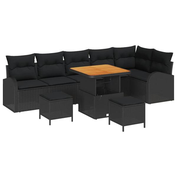 9-teiliges Garten Sofa Set mit Kissen Schwarz Poly Rattan Akazie, 2-Sitzer Garten Sofa mit Kissen Schwarz Poly Rattan, 3-teiliges Garten Essenset mit Kissen Schwarz Poly Rattan Akazie